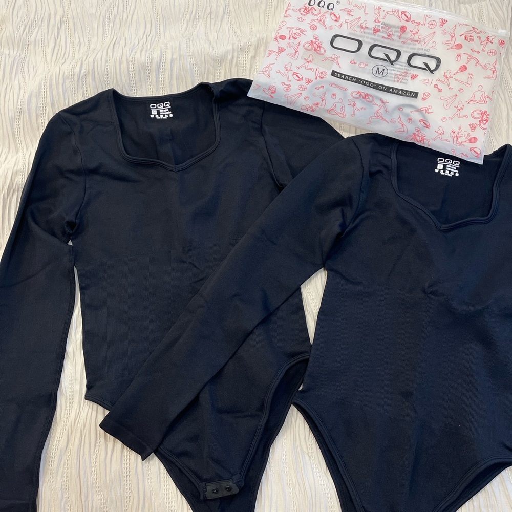 OQQ Black Long Sleeve Bodysuit Set